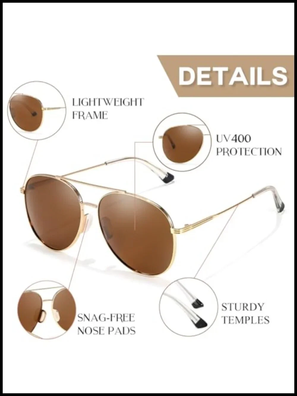Polarized Aviator Sunglasses with UV400 Protection, Tangle-Free Design, Unisex